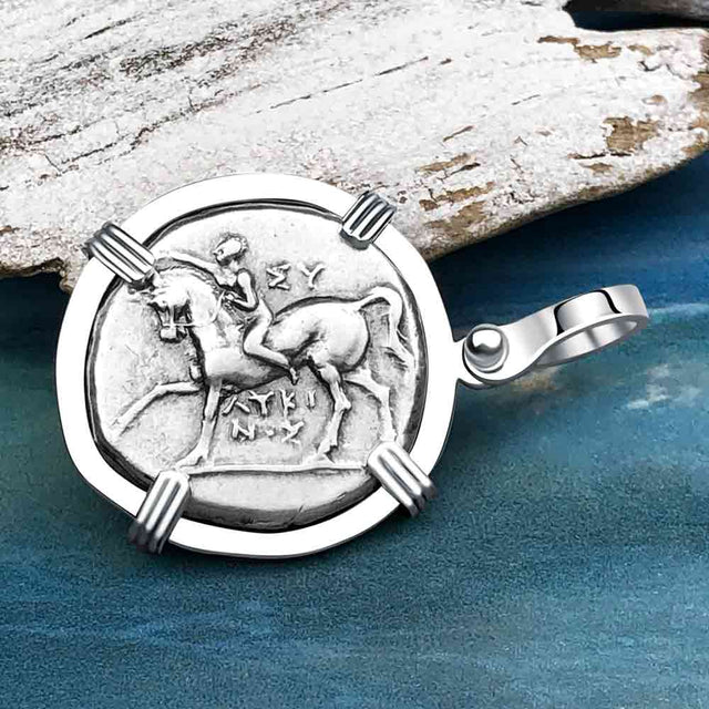 Ancient Greek Dolphin Rider “Boy on the Dolphin” Silver Nomos 14K White Gold Pendant