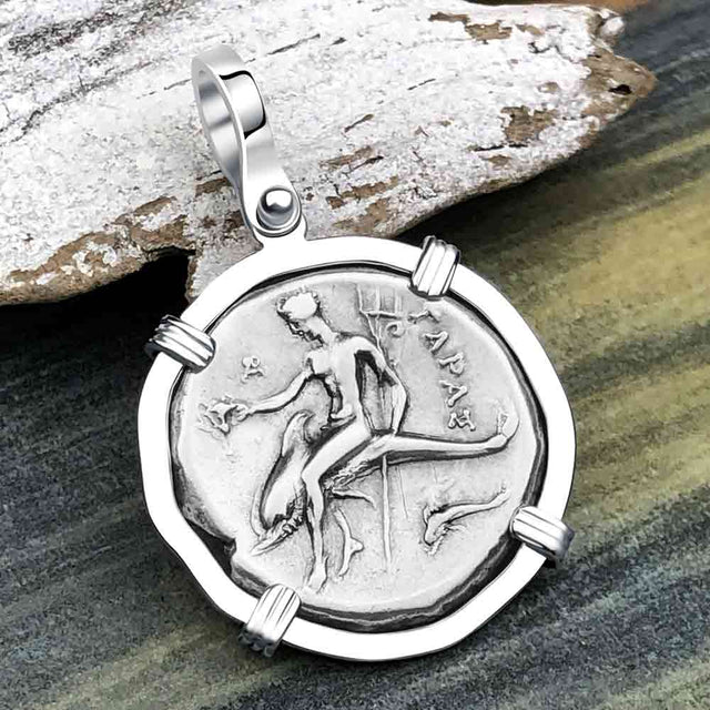 Ancient Greek Dolphin Rider “Boy on the Dolphin” Silver Nomos 14K White Gold Pendan