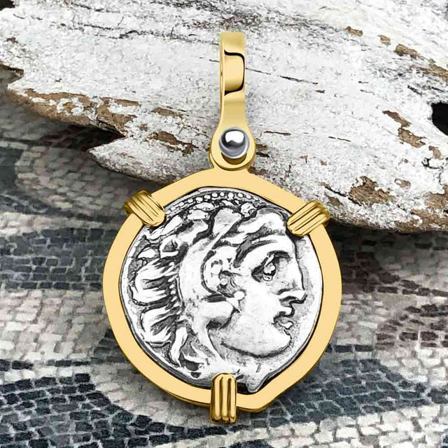 Ancient Greek Alexander the Great Silver Drachm Coin 14K Gold Pendant