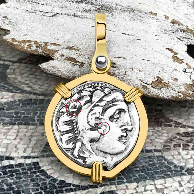 Ancient Greek Alexander the Great Silver Drachm Coin 14K Gold Pendant