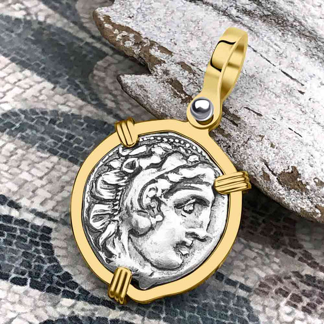 Ancient Greek Alexander the Great Silver Drachm Coin 14K Gold Pendant