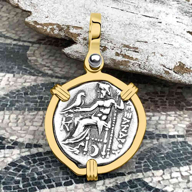Ancient Greek Alexander the Great Silver Drachm Coin 14K Gold Pendant