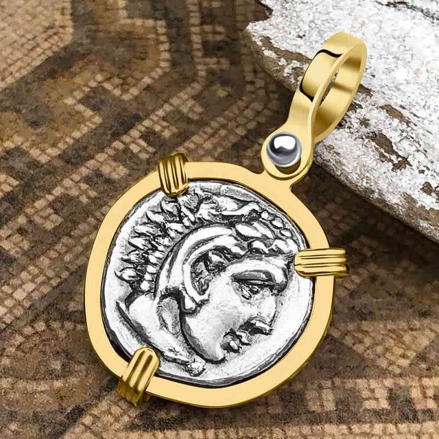 Ancient Greek Alexander the Great Silver Drachm Coin 14K Gold Pendant