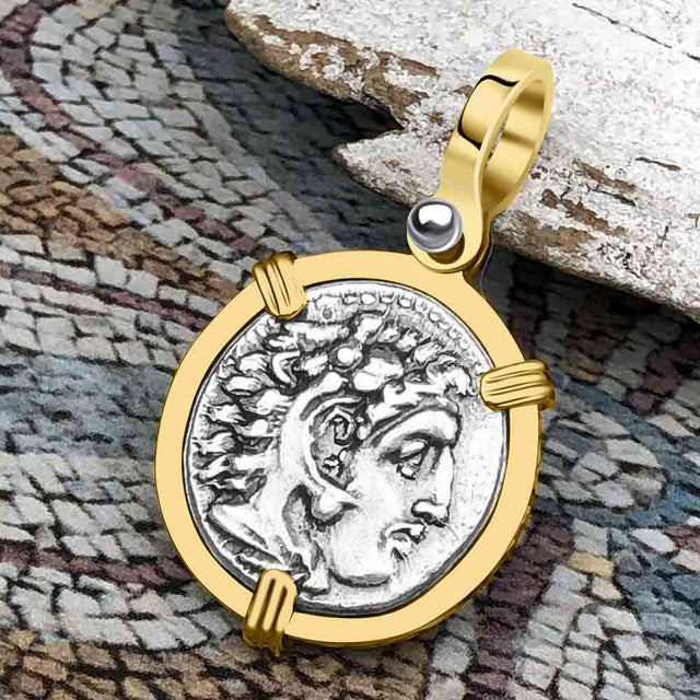 Ancient Greek Alexander the Great Silver Drachm Coin 14K Gold Pendant