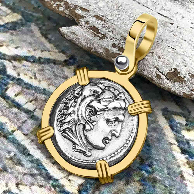 Ancient Greek Alexander the Great Silver Drachm Coin 14K Gold Pendant