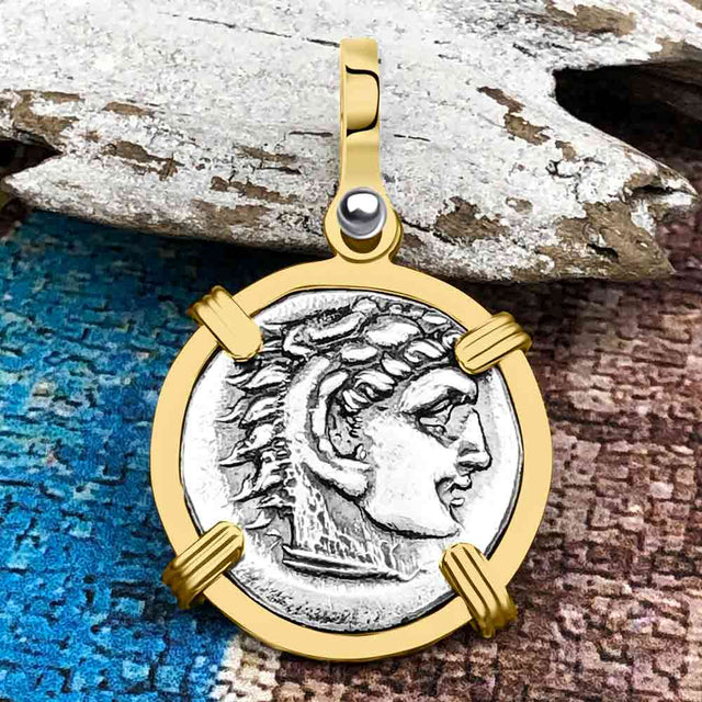 Ancient Greek Alexander the Great Silver Drachm Coin 14K Gold Pendant