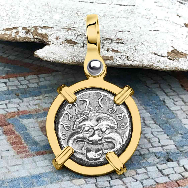Ancient Greek Gorgon & Anchor Symbols of Protection & Hope Silver Drachm 400 BC 14K Gold Pendant | Artifact #4680