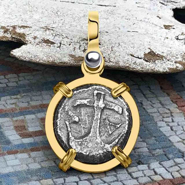 Ancient Greek Gorgon & Anchor Symbols of Protection & Hope Silver Drachm 400 BC 14K Gold Pendant | Artifact #4680