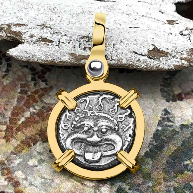 Ancient Greek Gorgon & Anchor Symbols of Protection & Hope Silver Drachm 400 BC 14K Gold Pendant