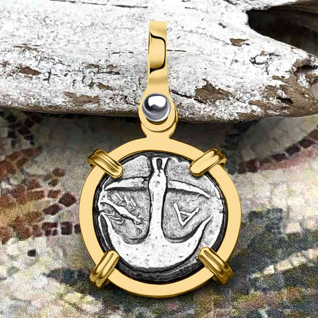 Ancient Greek Gorgon & Anchor Symbols of Protection & Hope Silver Drachm 400 BC 14K Gold Pendant