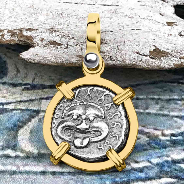 Ancient Greek Gorgon & Anchor Symbols of Protection & Hope Silver Drachm 400 BC 14K Gold Pendant