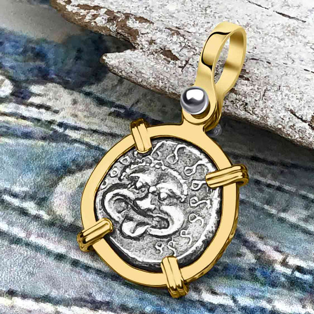 Ancient Greek Gorgon & Anchor Symbols of Protection & Hope Silver Drachm 400 BC 14K Gold Pendant