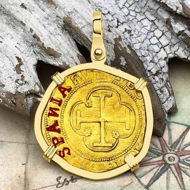 EXTREMELY RARE Kempen Hoard circa 1550 22K Gold One Escudo - the Legendary Doubloon - 18K Gold Pendant