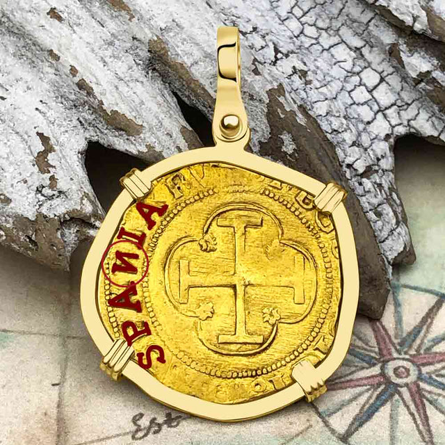 EXTREMELY RARE Kempen Hoard circa 1550 22K Gold One Escudo - the Legendary Doubloon - 18K Gold Pendant