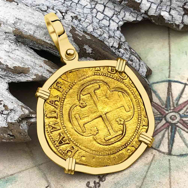 EXTREMELY RARE Kempen Hoard circa 1550 22K Gold One Escudo - the Legendary Doubloon - 18K Gold Pendant
