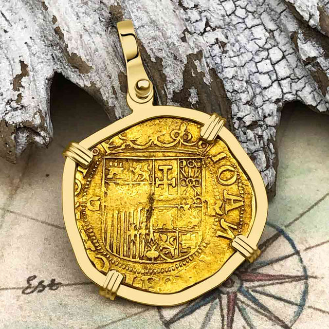 EXTREMELY RARE Kempen Hoard circa 1550 22K Gold One Escudo - the Legendary Doubloon - 18K Gold Pendant