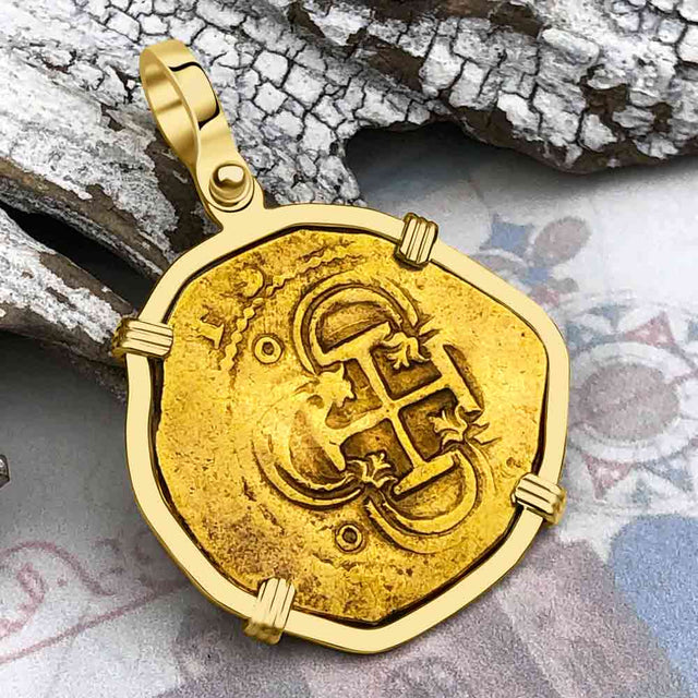 EXTREMELY RARE Kempen Hoard circa 1591 22K Gold Two Escudo - the Legendary Doubloon - 18K Gold Pendant