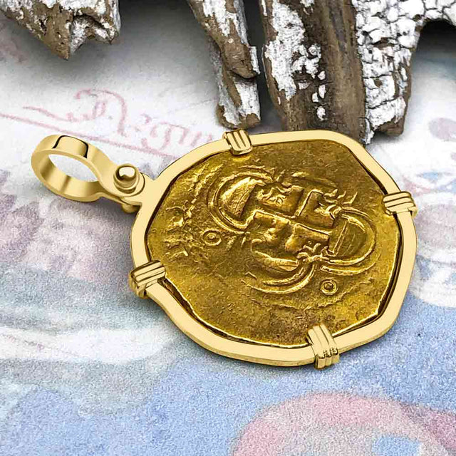 EXTREMELY RARE Kempen Hoard circa 1591 22K Gold Two Escudo - the Legendary Doubloon - 18K Gold Pendant