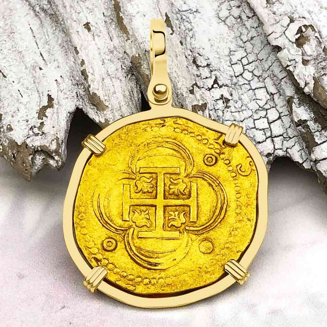 EXTREMELY RARE Kempen Hoard circa 1575 22K Gold Four Escudo - the Legendary Doubloon - 18K Gold Pendant