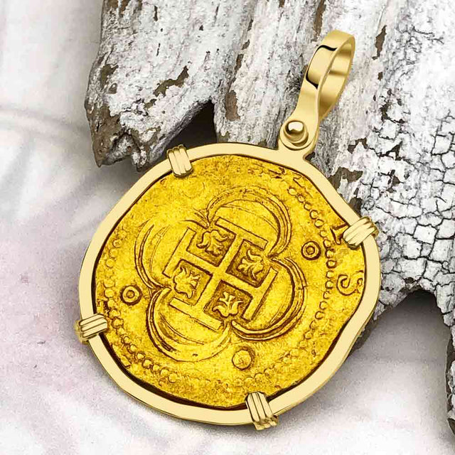 EXTREMELY RARE Kempen Hoard circa 1575 22K Gold Four Escudo - the Legendary Doubloon - 18K Gold Pendant