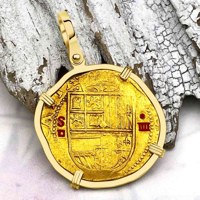 EXTREMELY RARE Kempen Hoard circa 1575 22K Gold Four Escudo - the Legendary Doubloon - 18K Gold Pendant