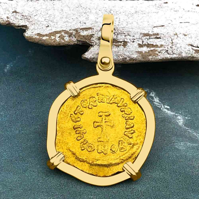 Byzantine Empire Gold Victory Cross Tremissis Coin Circa 582 AD in 18K Gold Pendant