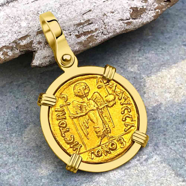 Byzantine Empire 24K Gold VICTORY Angel Solidus Coin Circa 582 AD in 18K Gold Pendant