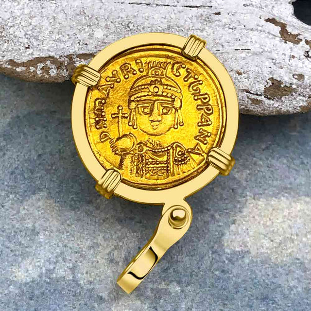Byzantine Empire 24K Gold VICTORY Angel Solidus Coin Circa 582 AD in 18K Gold Pendant