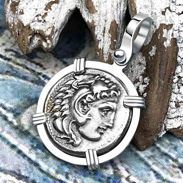 Ancient Greek Alexander the Great Silver Drachm Coin 14K White Gold Pendant