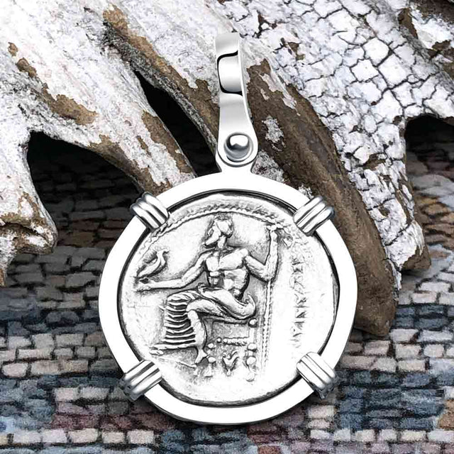 Ancient Greek Alexander the Great Silver Drachm Coin 14K White Gold Pendant