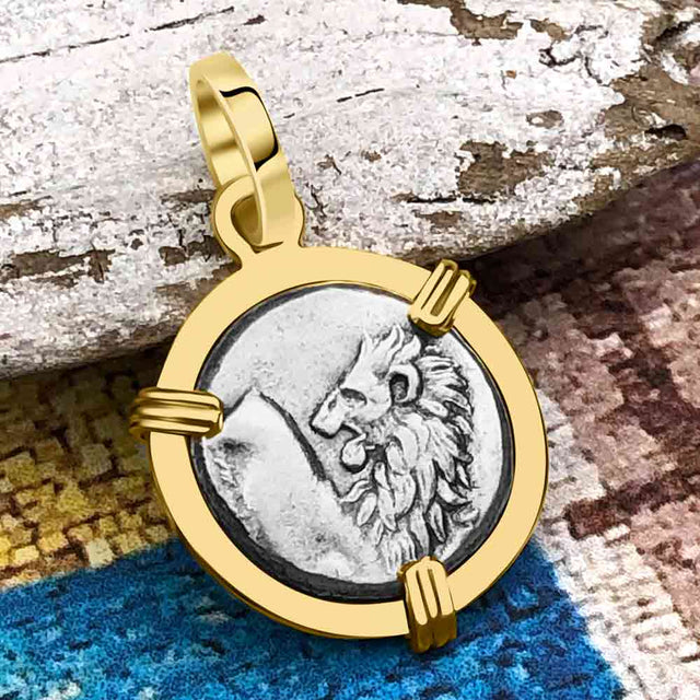 Ancient Greek Lion Hemidrachm 400 BC 14K Gold Pendant