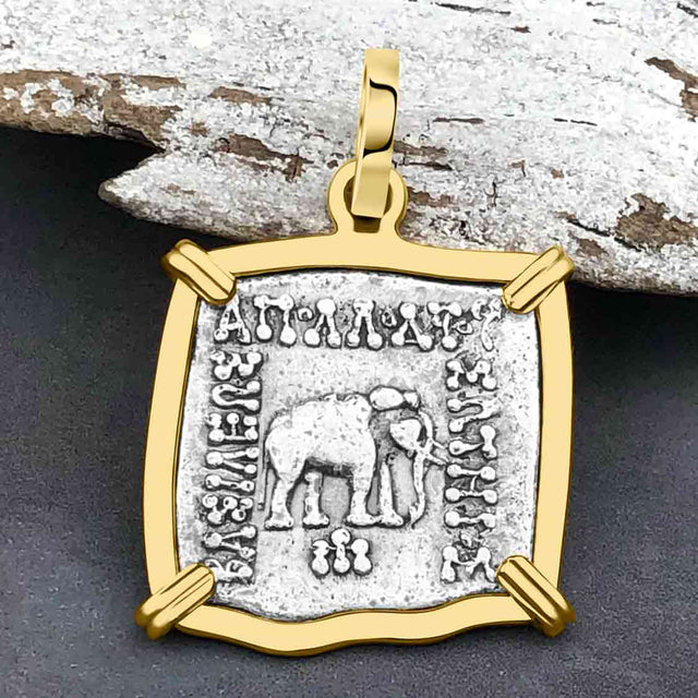 Ancient Indo-Greek Bactrian Elephant and Bull Silver Drachm Coin 170 BC 14K Gold Pendant