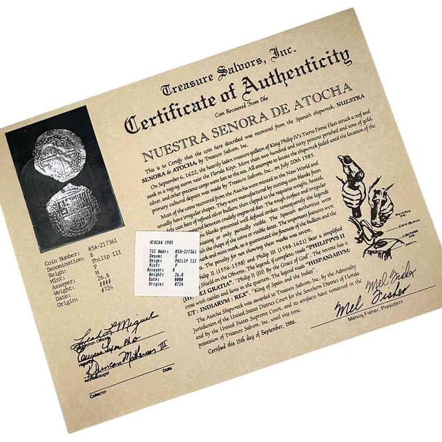 treasure salvors official certificate of authenticity for Mel Fisher's Atocha 8 Reale Shipwreck Coin 14K Gold Pendant