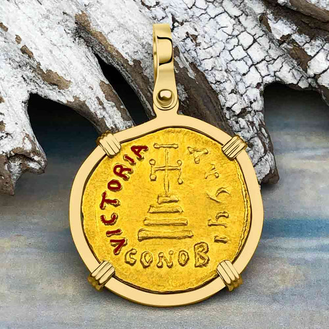 Byzantine Empire Victory Cross 24K Gold Solidus Coin Circa 610 AD in 18K Gold Pendant