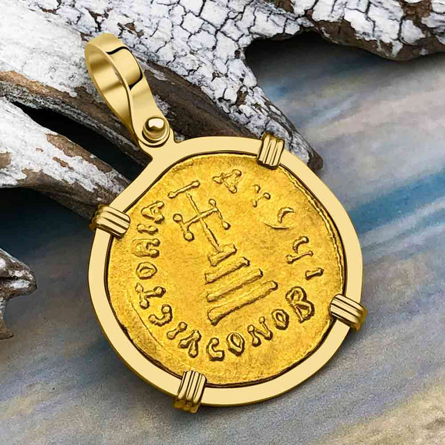 Byzantine Empire Victory Cross 24K Gold Solidus Coin Circa 610 AD in 18K Gold Pendant