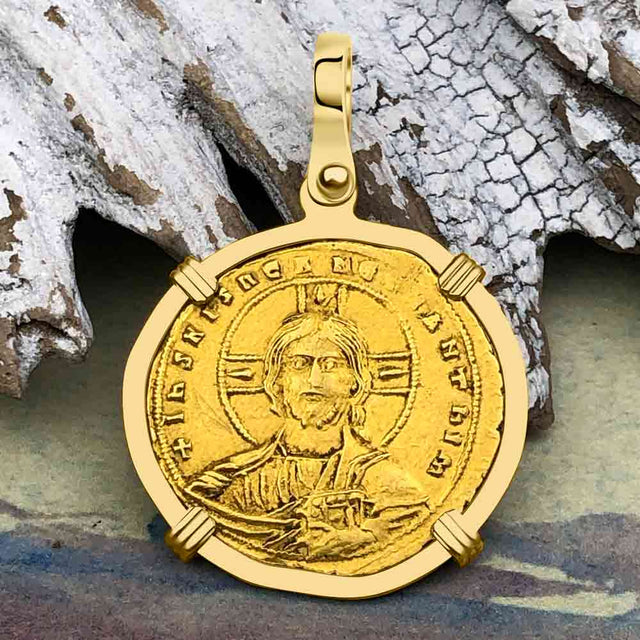 Byzantine Jesus Christ King of Kings 23K Gold Nomisma Coin Circa 976 AD 18K Gold Pendant