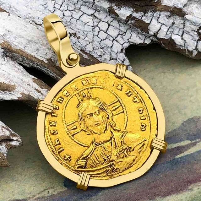 Byzantine Jesus Christ King of Kings 23K Gold Nomisma Coin Circa 976 AD 18K Gold Pendant