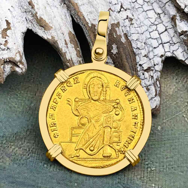 Byzantine Jesus Christ King of Kings 24K Gold Solidus Coin Circa 921 AD 18K Gold Pendant
