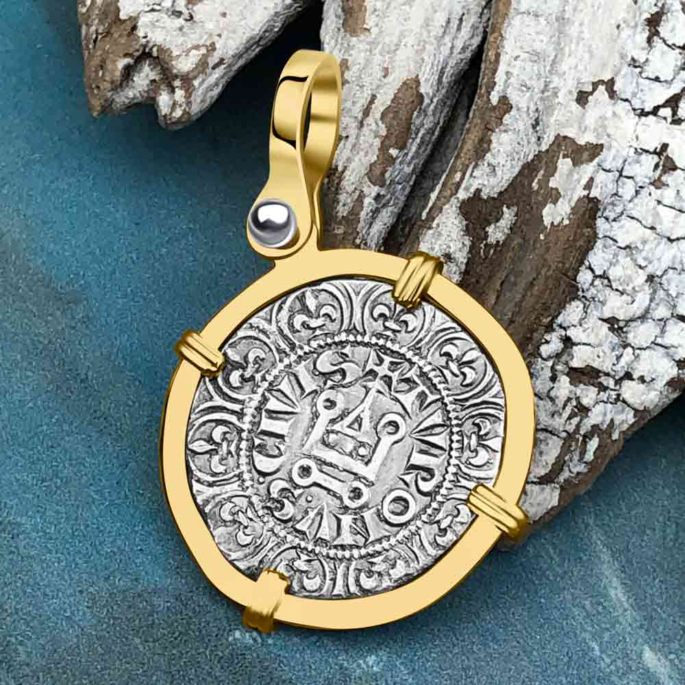 Templar Knights Era Medieval France Silver Maille Tierce Crusader Cross Coin 14K Gold Pendant