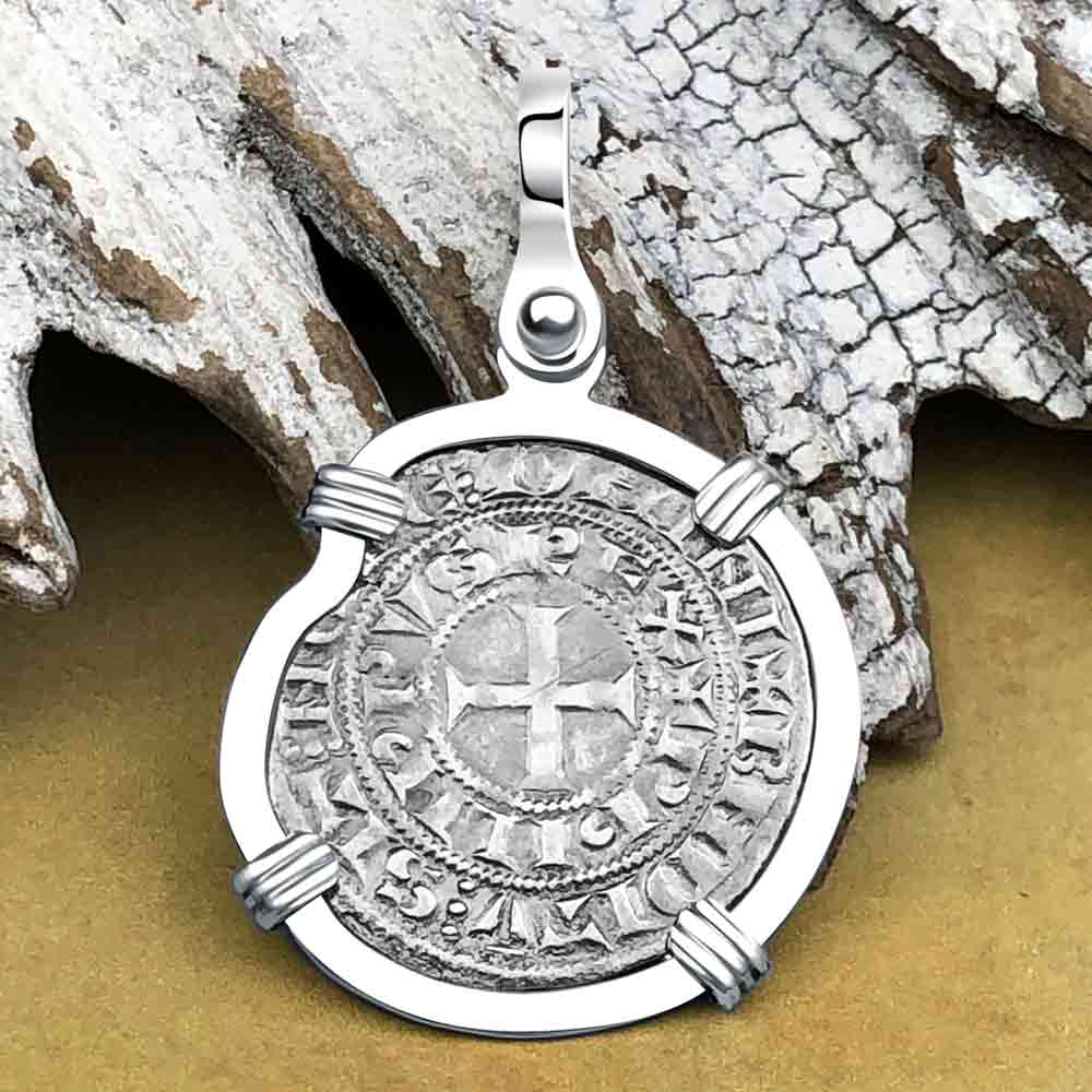 Templar Knights Era Medieval France Silver Maille Tierce Crusader Cross Coin 14K White Gold Pendant