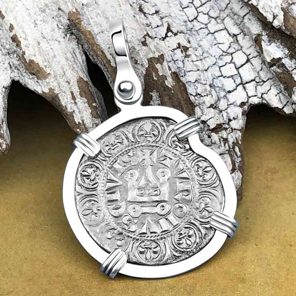 Templar Knights Era Medieval France Silver Maille Tierce Crusader Cross Coin 14K White Gold Pendant