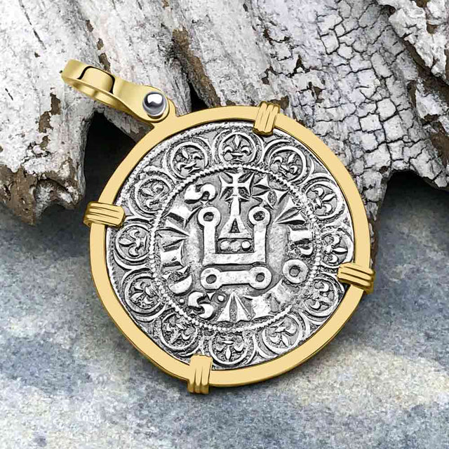 Templar Knights Era Medieval France Silver Gros Tournois circa 1290 Crusader Cross Coin 14K Gold Pendant