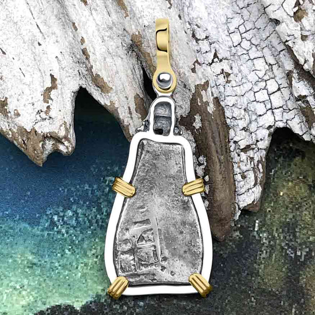 1715 Fleet Shipwreck Skull & Cross Bones Era Spanish 1 Reale "Piece of 8" 14K Gold & Sterling Silver Pendant
