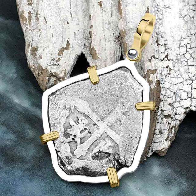 1715 Fleet Shipwreck Pirate Era Spanish 4 Reale Piece of 8 14K Gold and Sterling Silver Pendant