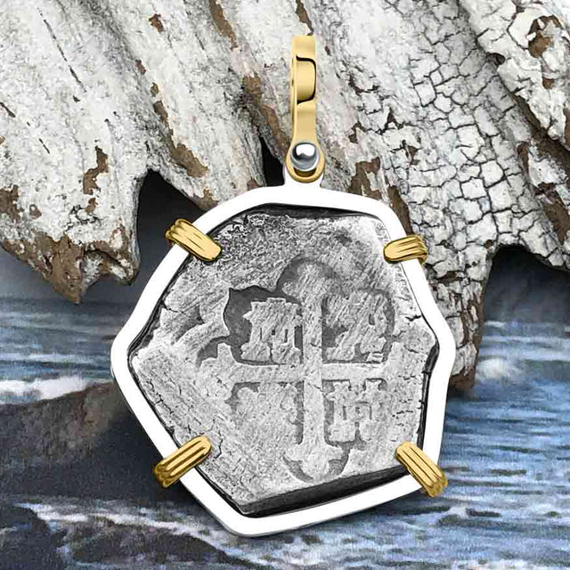 1715 Fleet Shipwreck Pirate Era Spanish 4 Reale Piece of 8 14K Gold and Sterling Silver Pendant