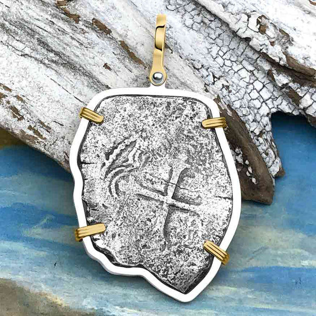 Rare Dated 1715 Fleet Shipwreck Pirate Era Spanish 8 Reale Piece of 8 14K Gold and Sterling Silver Pendant