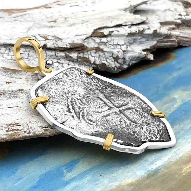 Rare Dated 1715 Fleet Shipwreck Pirate Era Spanish 8 Reale Piece of 8 14K Gold and Sterling Silver Pendant