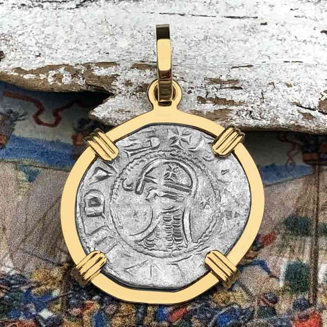Templar Knights Era Antioch Crusader Medieval Silver Denier - Helmet Head - Coin of the Crusades 14K Gold Pendant