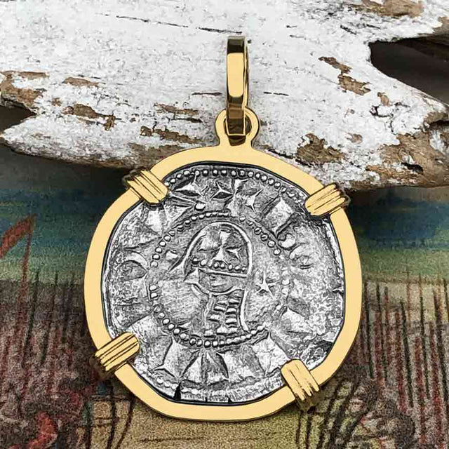 Templar Knights Era Antioch Crusader Medieval Silver Denier - Helmet Head - Coin of the Crusades 14K Gold Pendant
