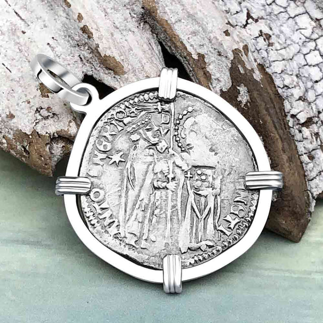 Venetian Jesus Christ Glory, Devotion and Courage Silver 1390 Grosso Coin Sterling Silver Pendant